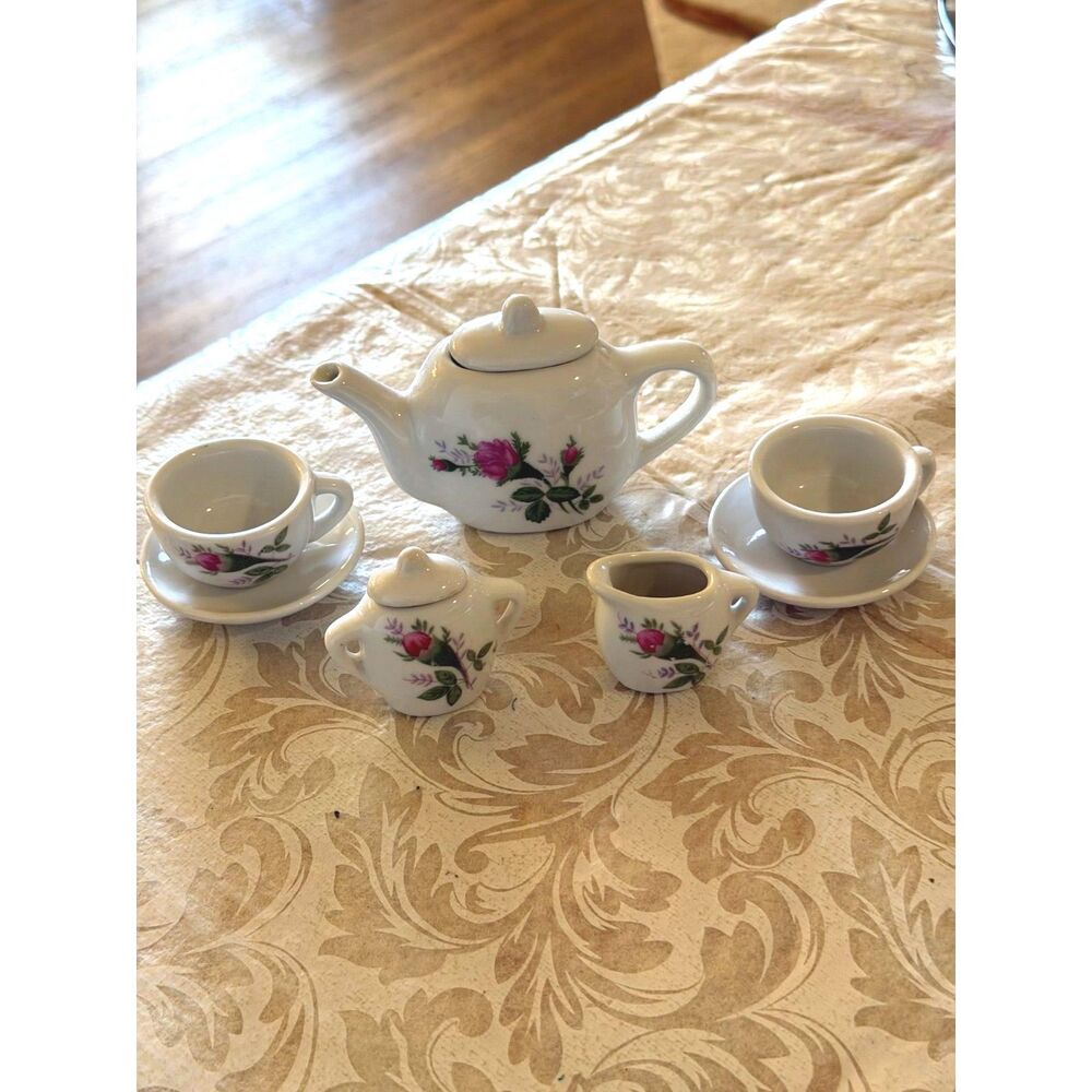 Mini Doll House Tea Set Rose Design Marked IC 1980's Gorgeous no chips